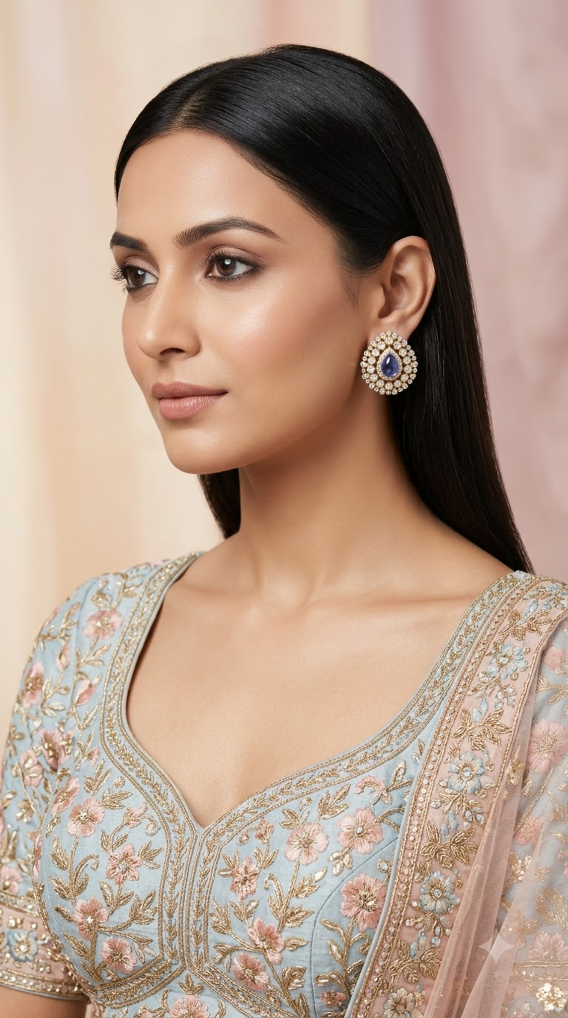 925 Silver Karnfool Earrings With Blue Shappire Lab Grown - G. K. Ratnam