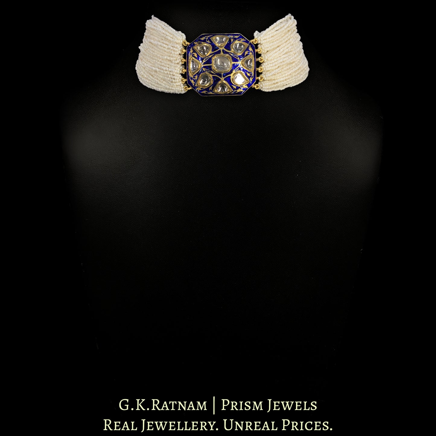 18k Gold and Diamond Polki Octagonal Choker Necklace With Blue Enamel