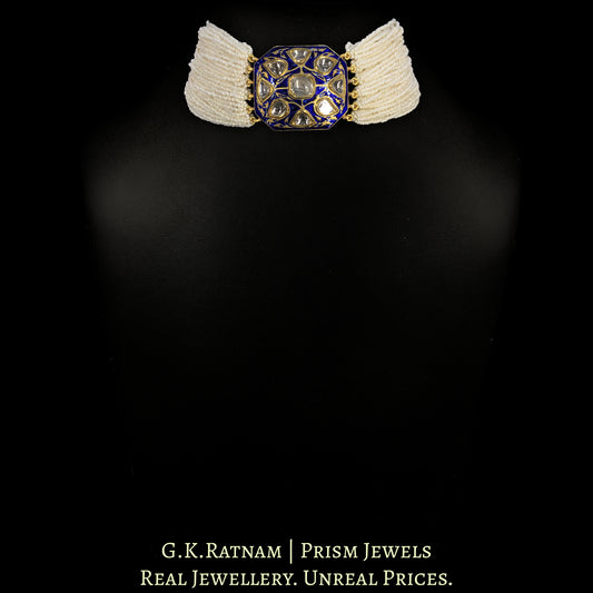 18k Gold and Diamond Polki Octagonal Choker Necklace With Blue Enamel
