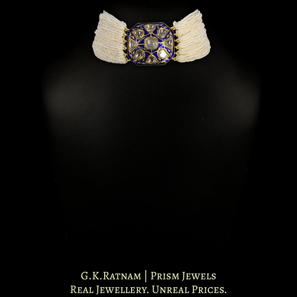 18k Gold and Diamond Polki Octagonal Choker Necklace With Blue Enamel