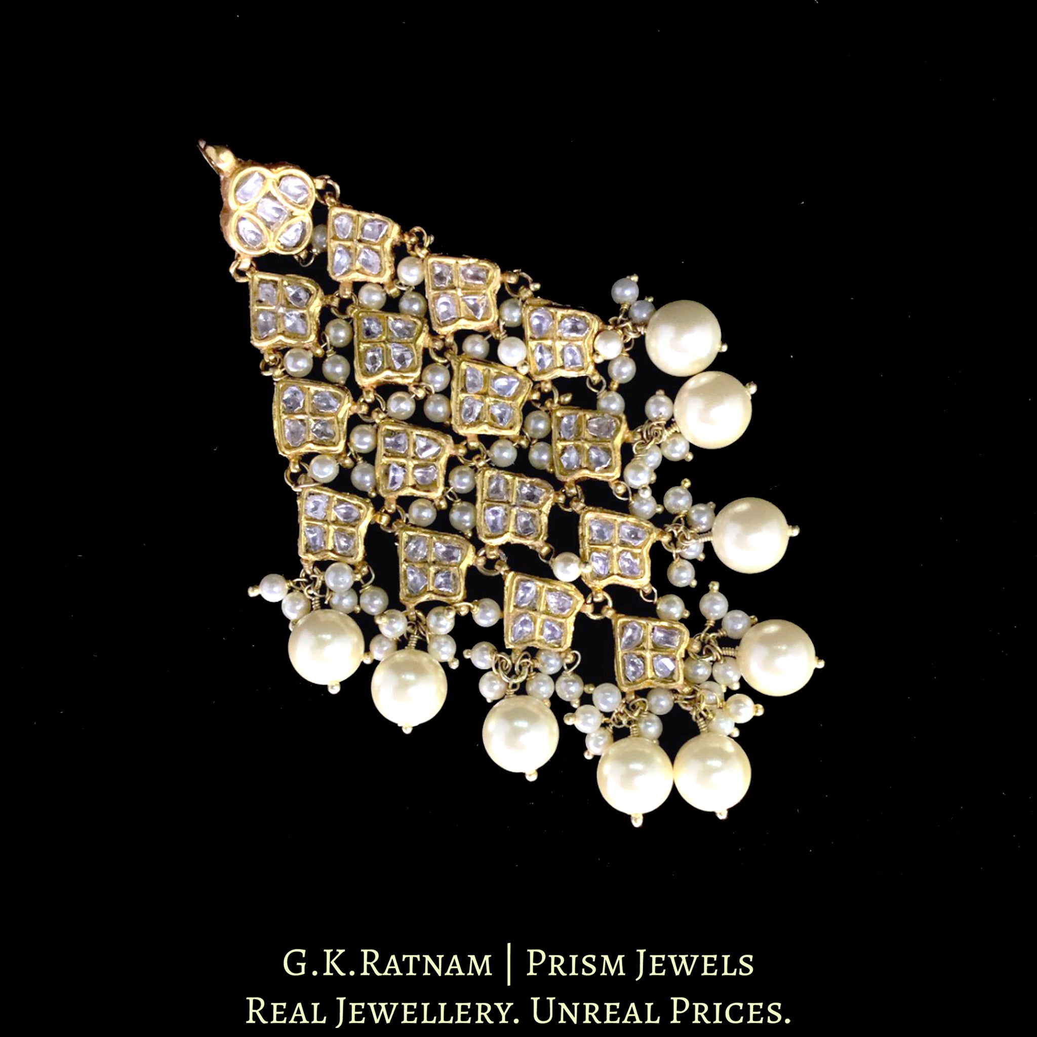 23k Gold and Diamond Polki kite-shaped Maang Tika enhanced with triple-coated shell pearls