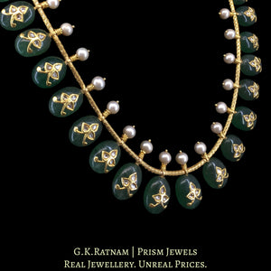 23k Gold and Diamond Polki Chain Necklace with polki-inlay on emerald-green Strawberry Quartz