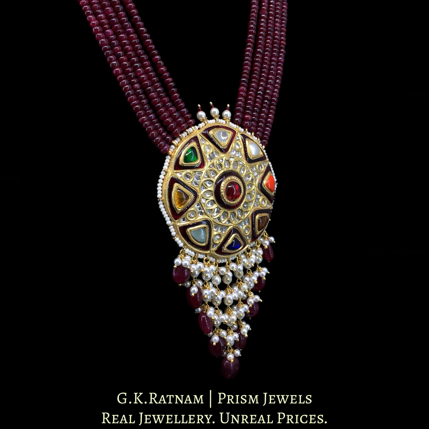 23k Gold and Diamond Polki Navratna Pendant Set with Rubies - G. K. Ratnam