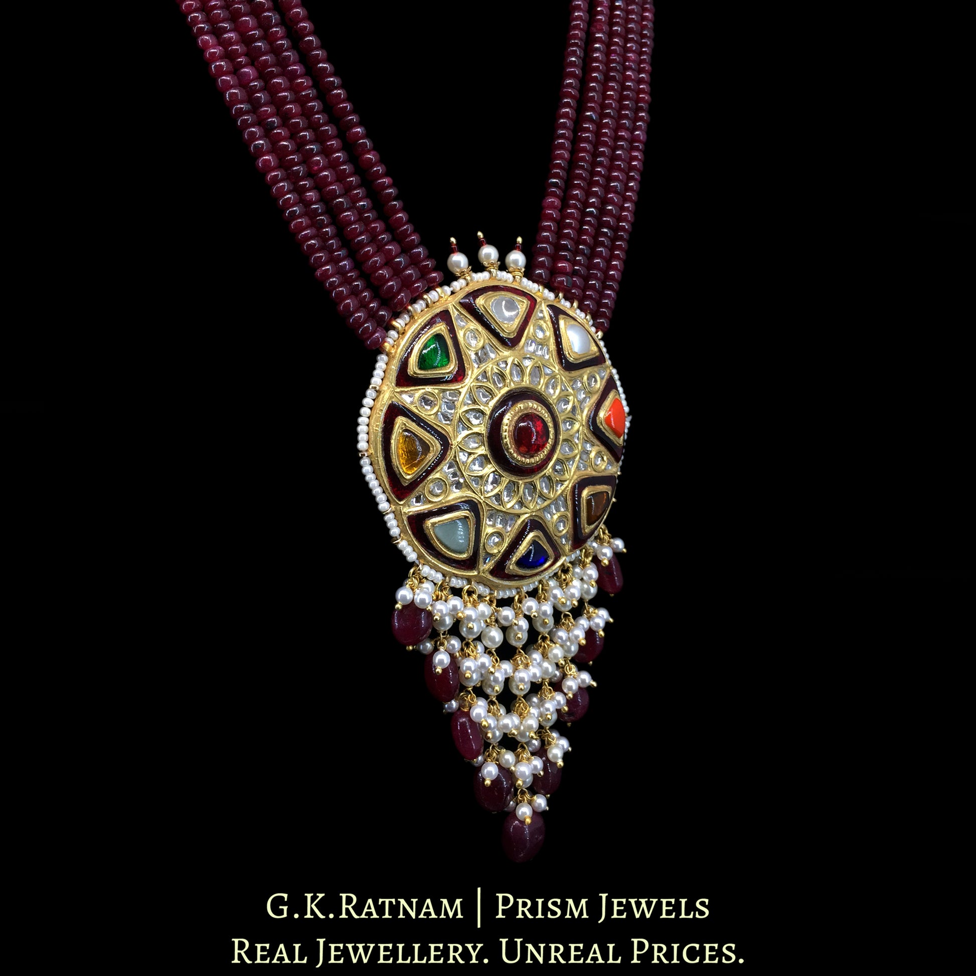 23k Gold and Diamond Polki Navratna Pendant Set with Rubies - G. K. Ratnam