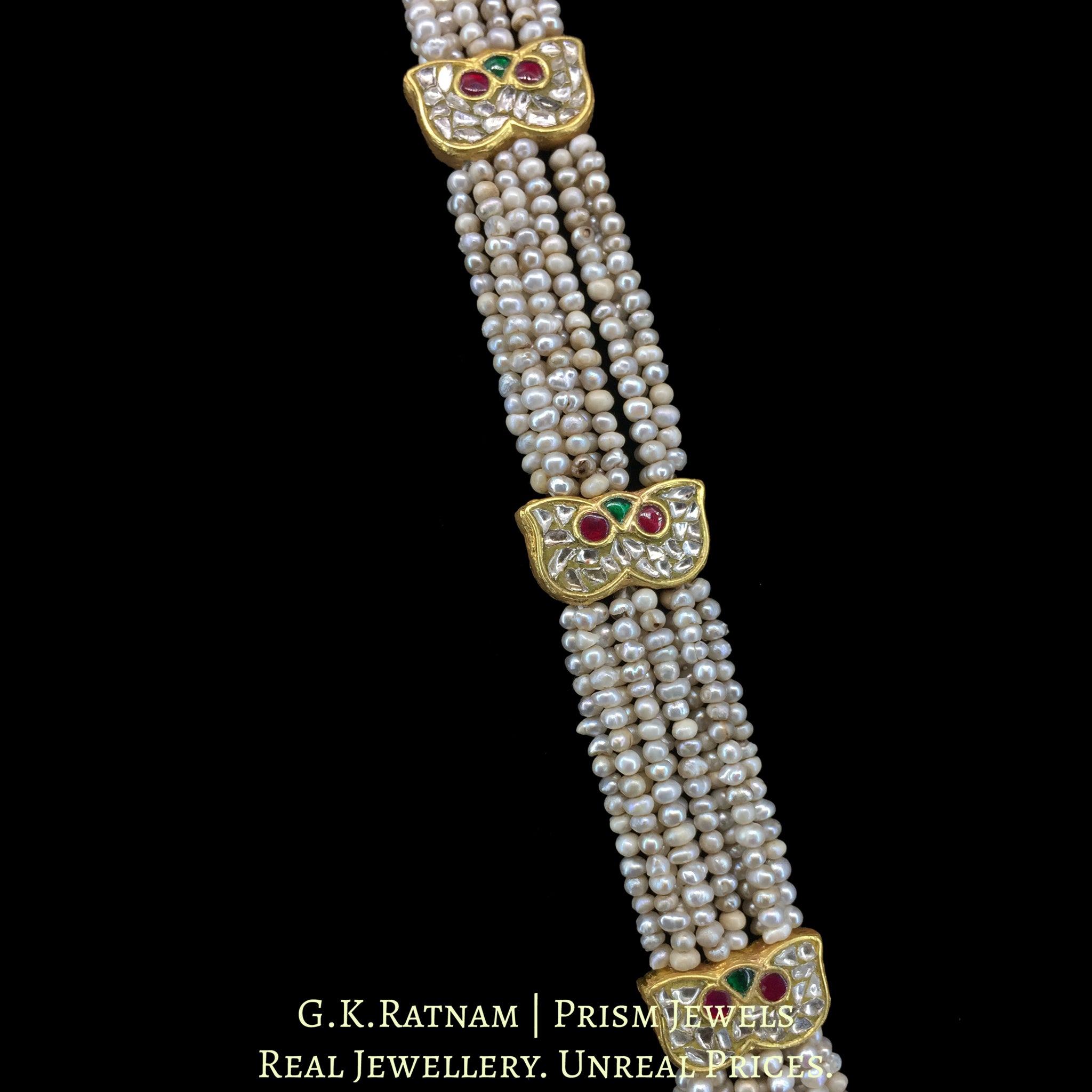 23k Gold and Diamond Polki south-style Pendant with Patrihaar / Ranihaar style stringing in Antiqued Freshwater Pearls