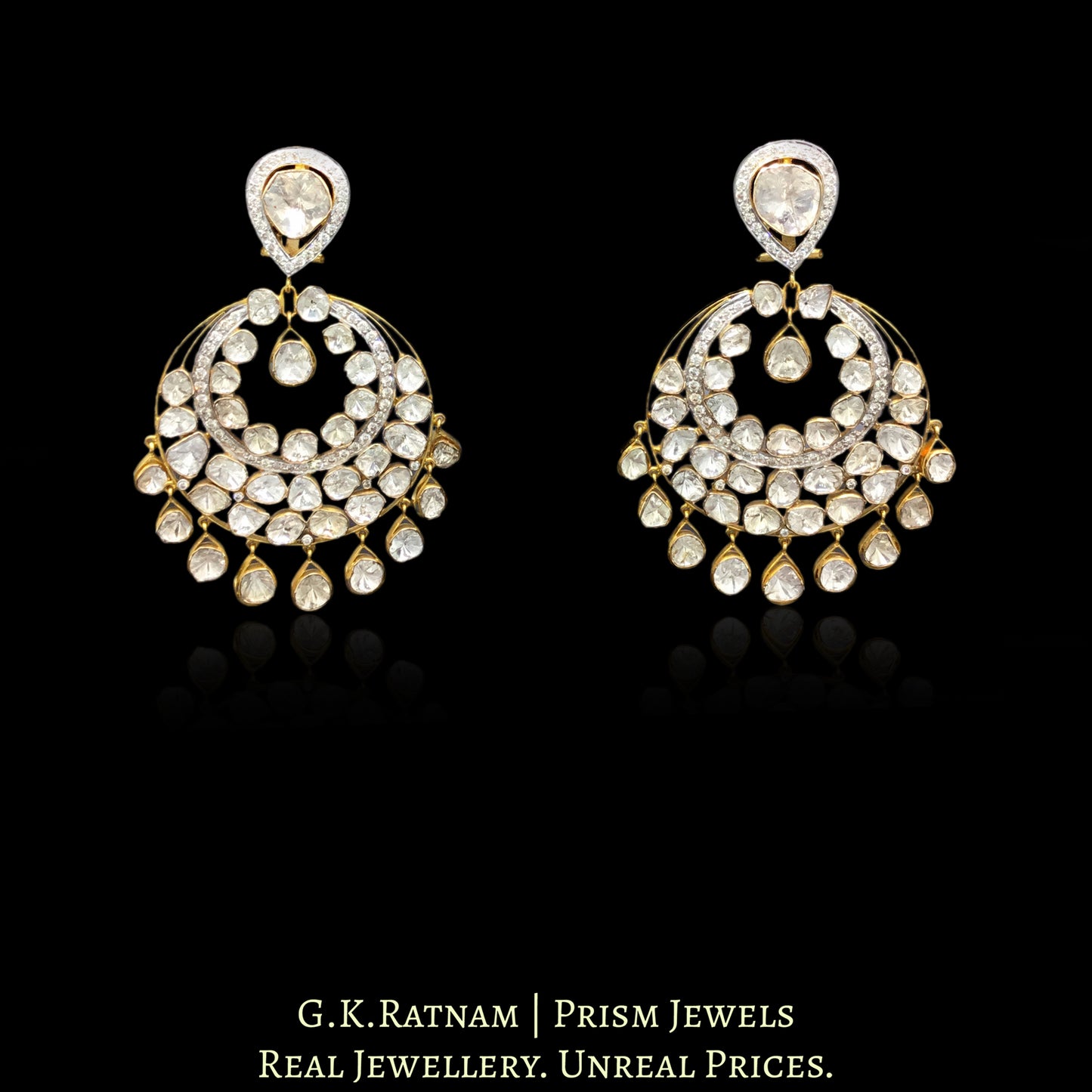 14k Gold and Diamond Polki Open Setting Chand Bali Earring Pair with Polki Drops