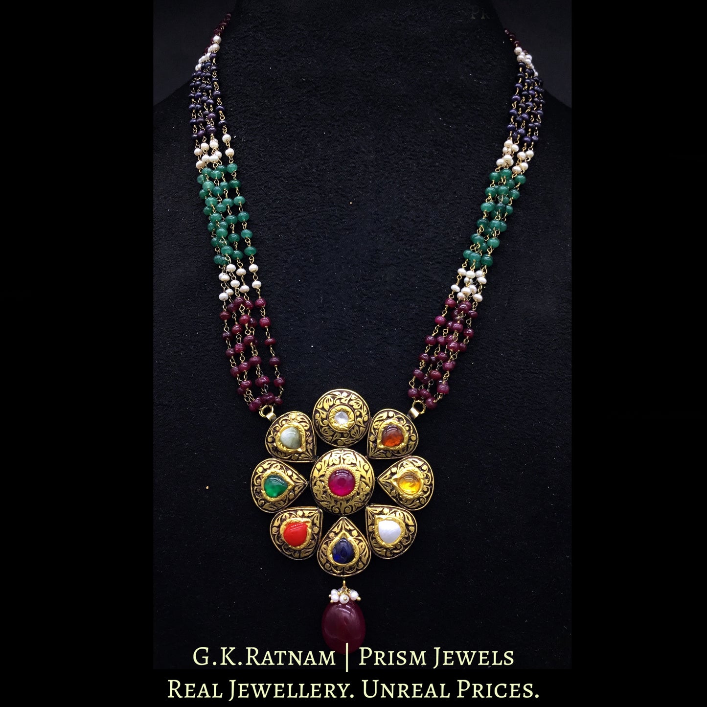 23k Gold and Diamond Polki Antique Navratna Pendant with Ruby, Green Beryl, Blue Sapphire and Pearl Chains - G. K. Ratnam