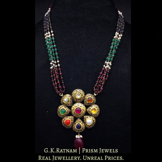 23k Gold and Diamond Polki Antique Navratna Pendant with Ruby, Green Beryl, Blue Sapphire and Pearl Chains - G. K. Ratnam
