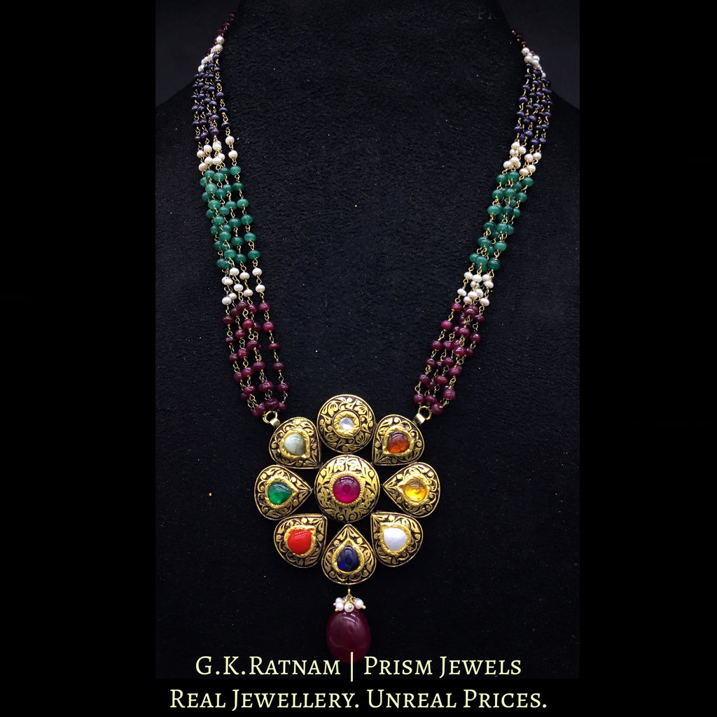 23k Gold and Diamond Polki Antique Navratna Pendant with Ruby, Green Beryl, Blue Sapphire and Pearl Chains