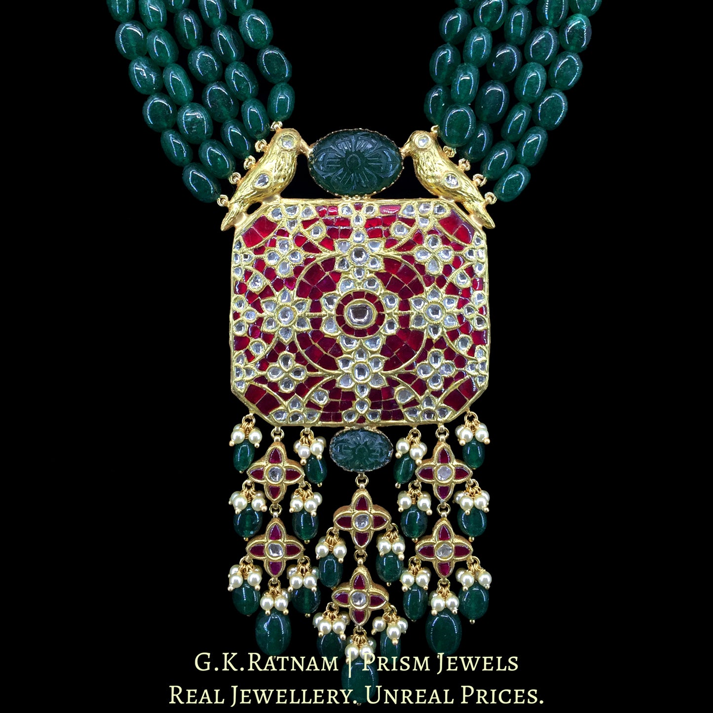 23k Gold and Diamond Polki Octagonal Pendant with Bird Motifs on top