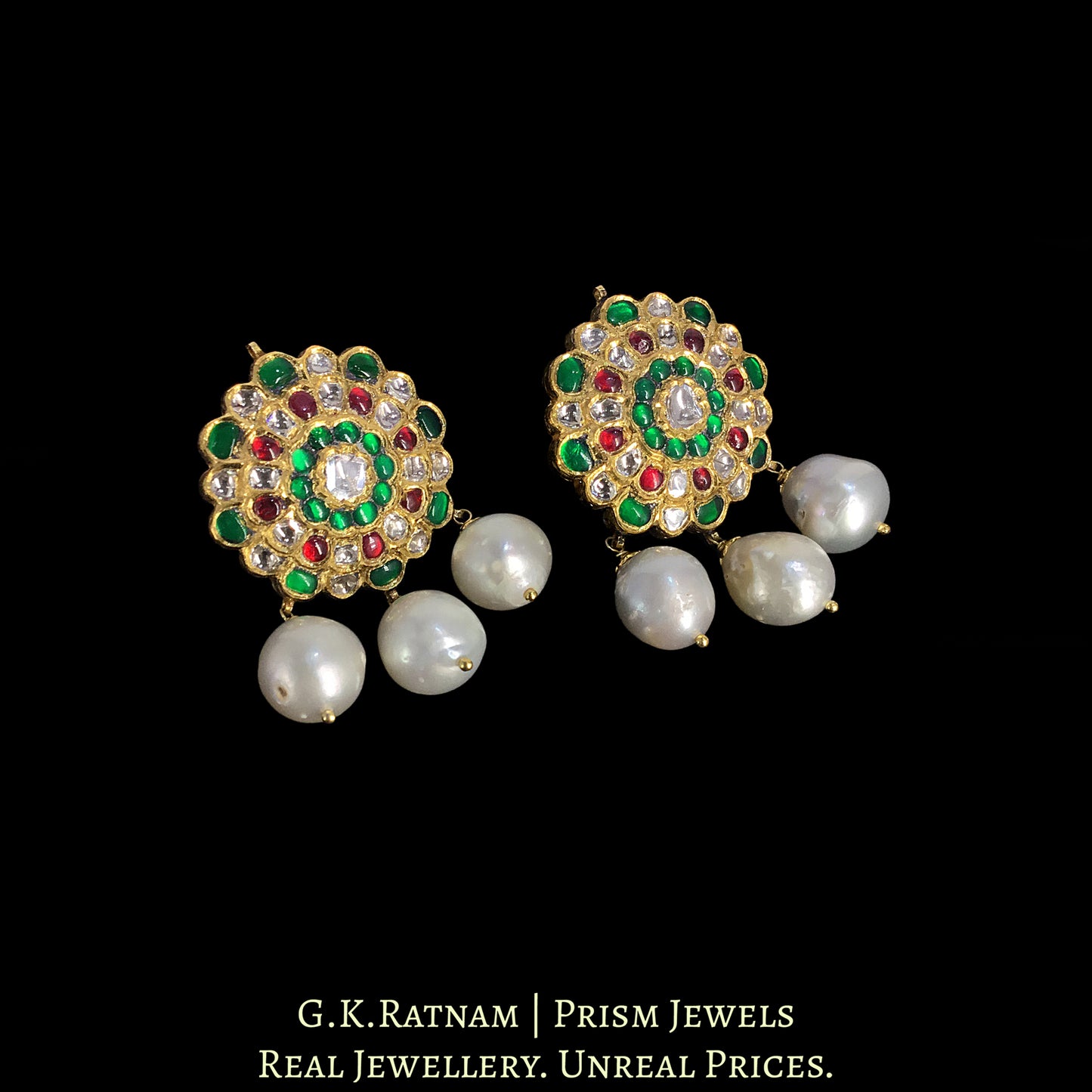 18k Gold and Diamond Polki south-style Karanphool Earring Pair with Rubies and Emeralds