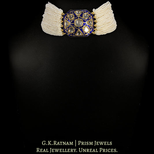 18k Gold and Diamond Polki Octagonal Choker Necklace With Blue Enamel