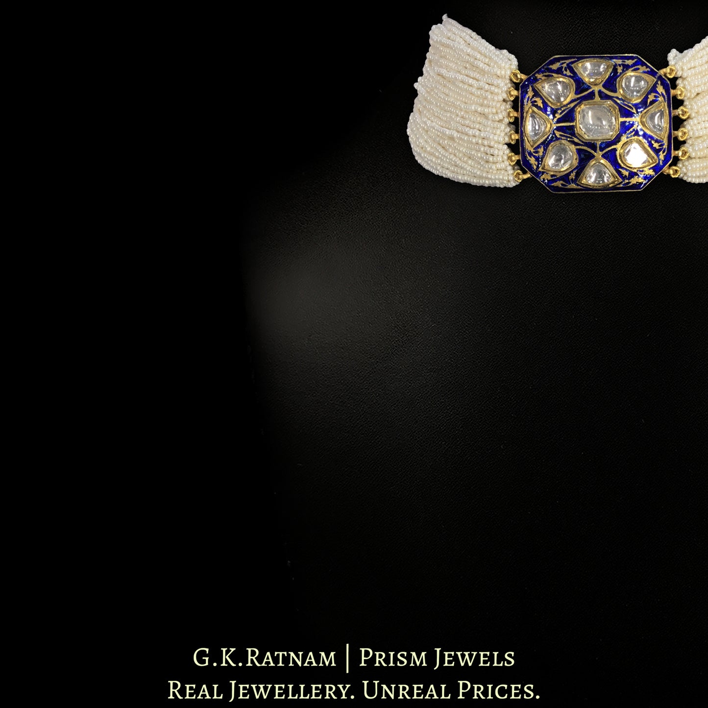 18k Gold and Diamond Polki Octagonal Choker Necklace With Blue Enamel