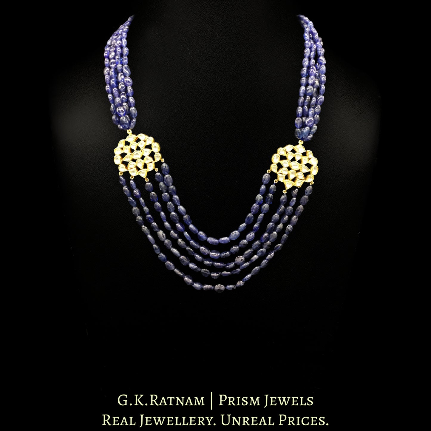 Traditional Gold and Diamond Polki Broach Necklace with Blue Sapphires - G. K. Ratnam