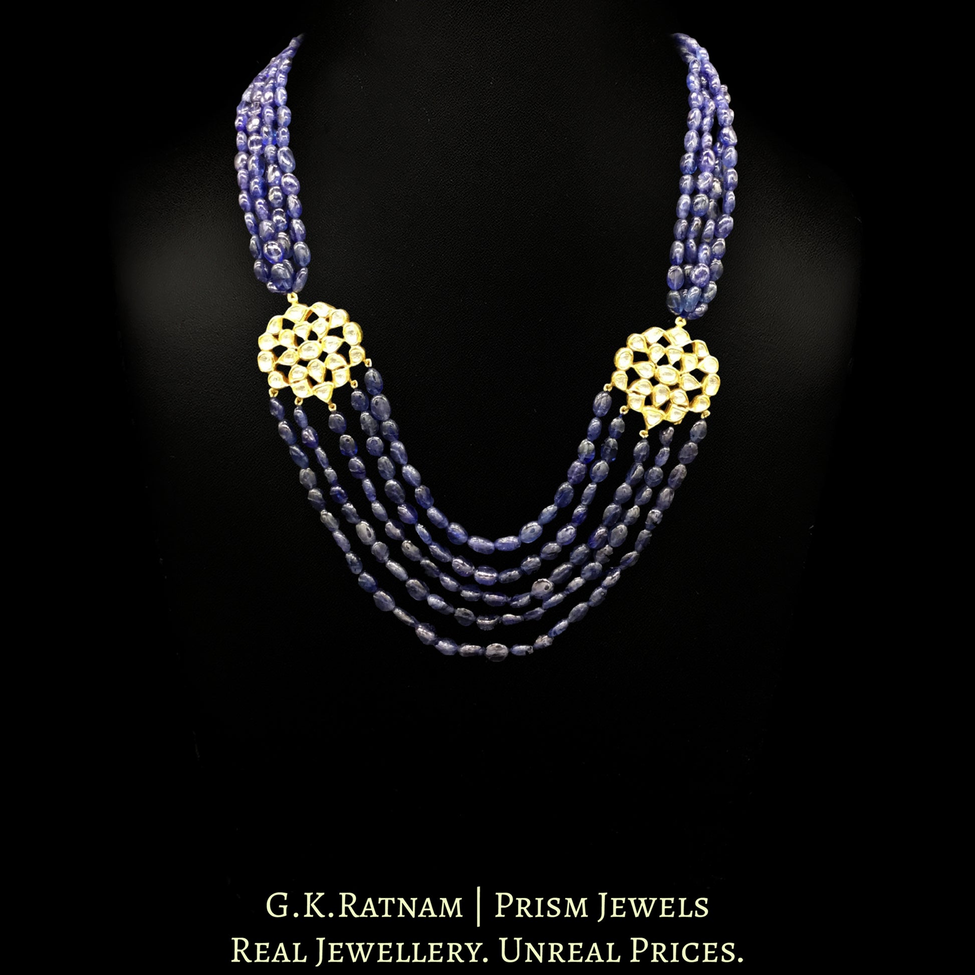 Traditional Gold and Diamond Polki Broach Necklace with Blue Sapphires - G. K. Ratnam