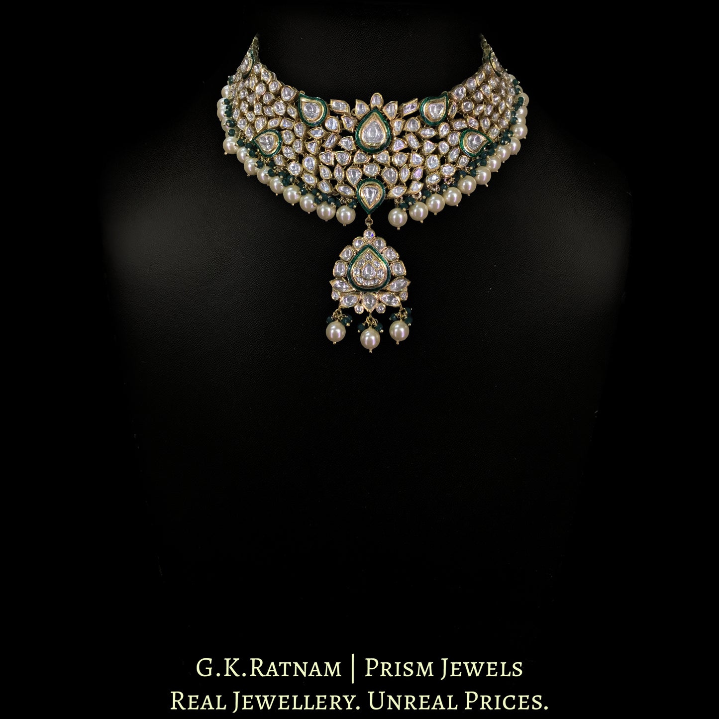 18k Gold and Diamond Polki green enamel Necklace Set with shiny pearls and a hint of green