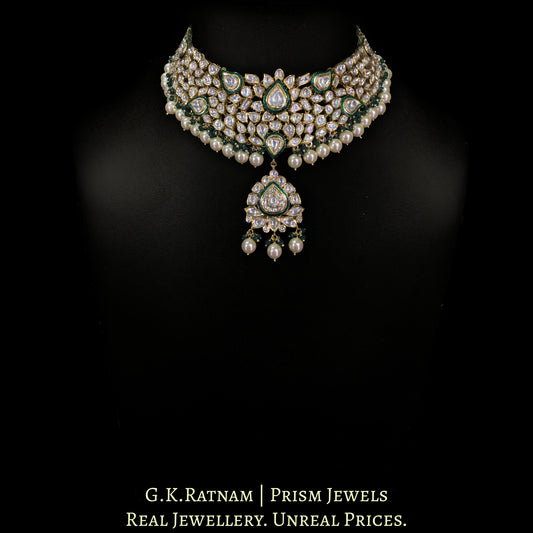 18k Gold and Diamond Polki green enamel Necklace Set with shiny pearls and a hint of green