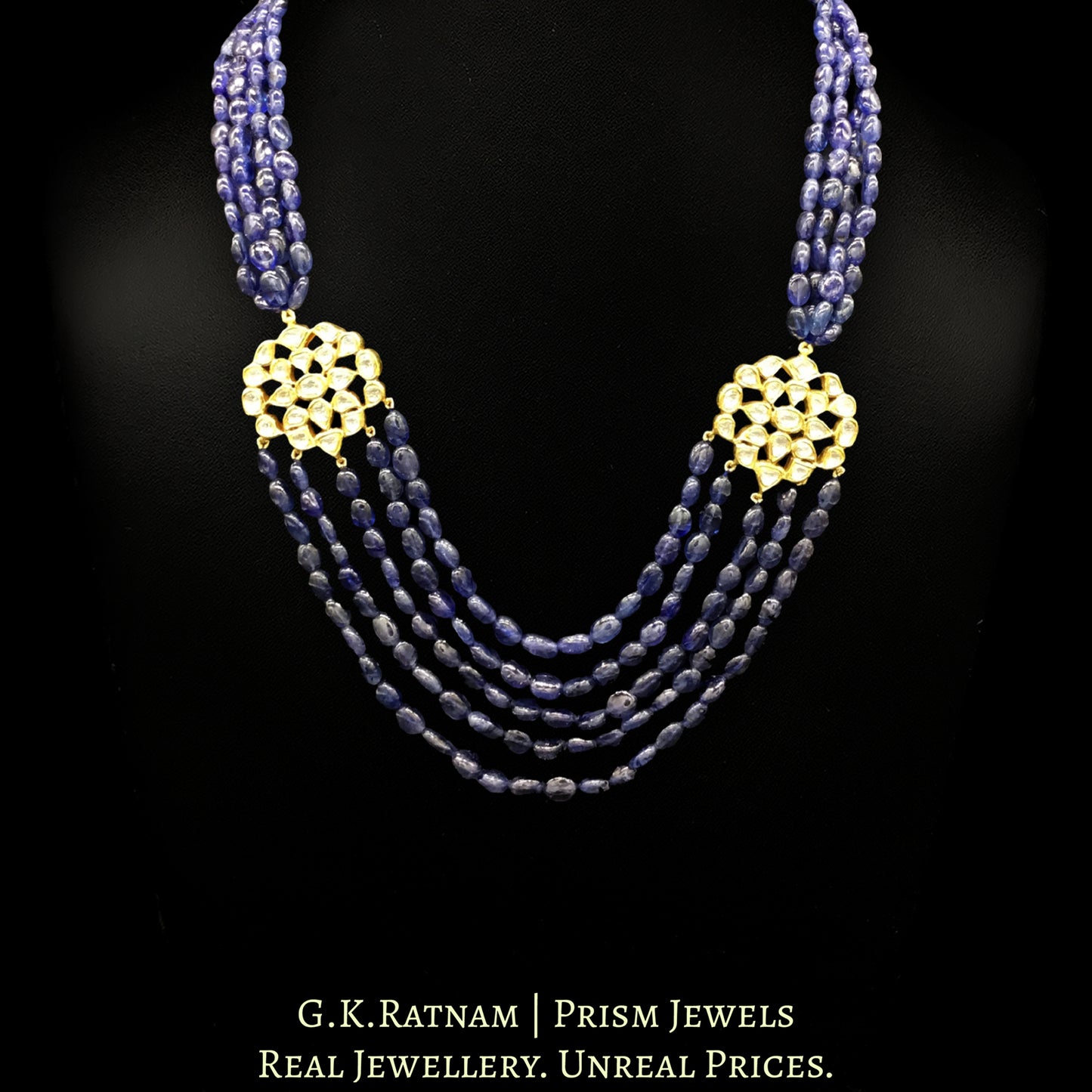 Traditional Gold and Diamond Polki Broach Necklace with Blue Sapphires - G. K. Ratnam