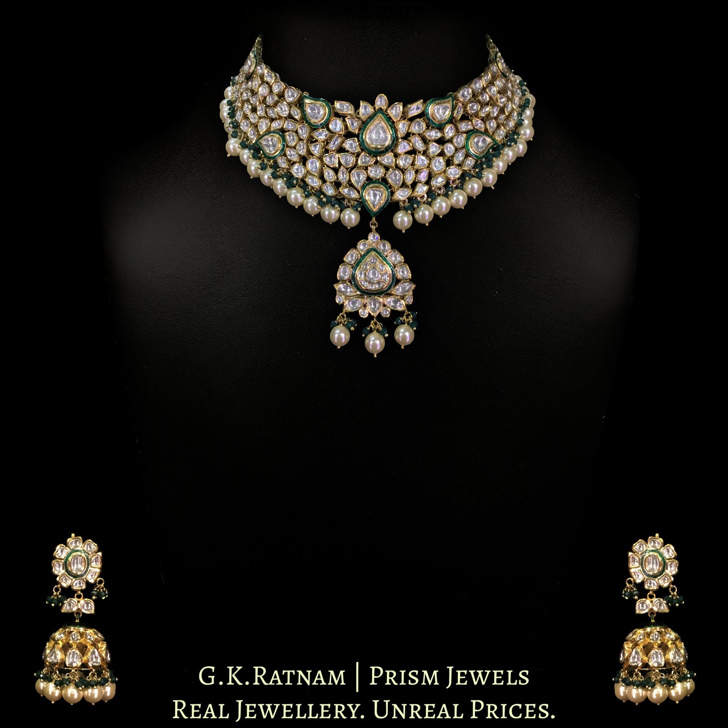 18k Gold and Diamond Polki green enamel Necklace Set with shiny pearls and a hint of green