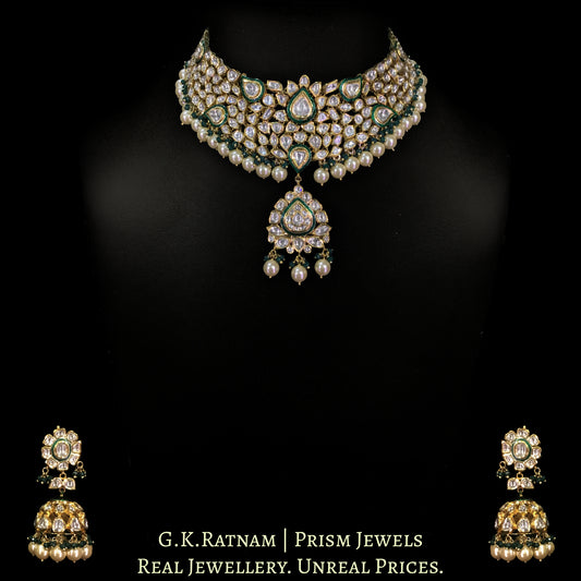 18k Gold and Diamond Polki green enamel Necklace Set with shiny pearls and a hint of green