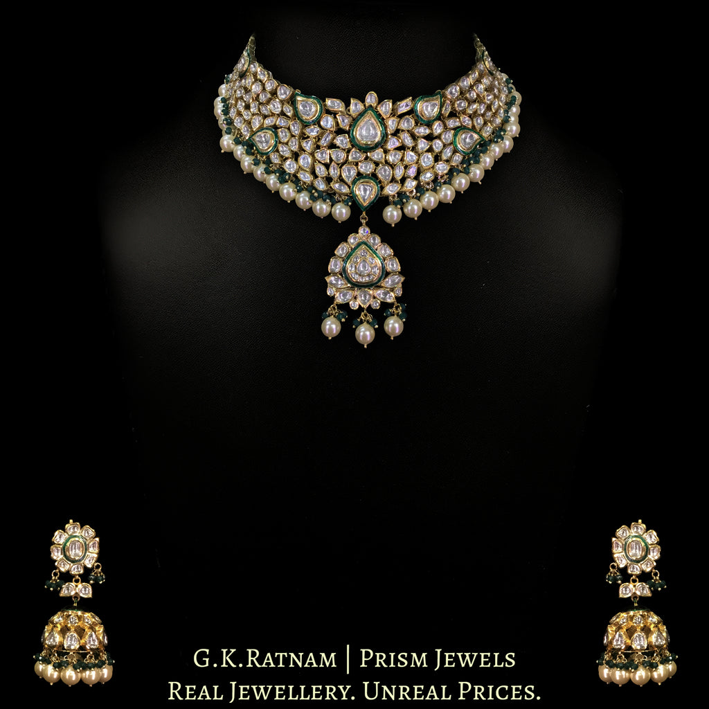 18k Gold and Diamond Polki green enamel Necklace Set with shiny pearls and a hint of green
