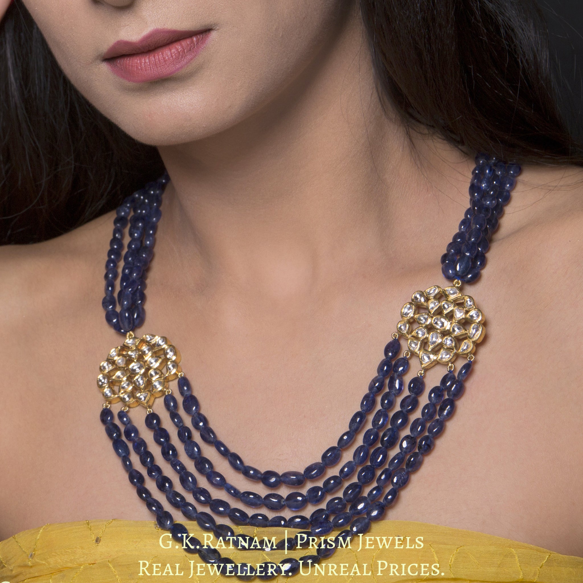 Traditional Gold and Diamond Polki Broach Necklace with Blue Sapphires