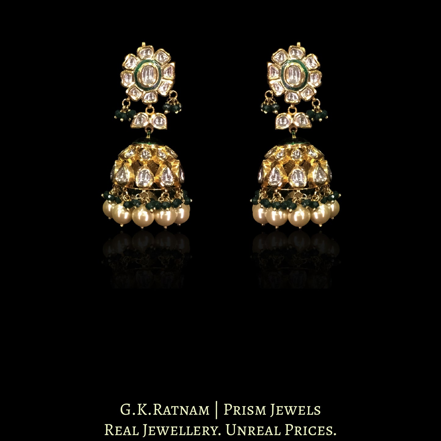18k Gold and Diamond Polki green enamel Necklace Set with shiny pearls and a hint of green