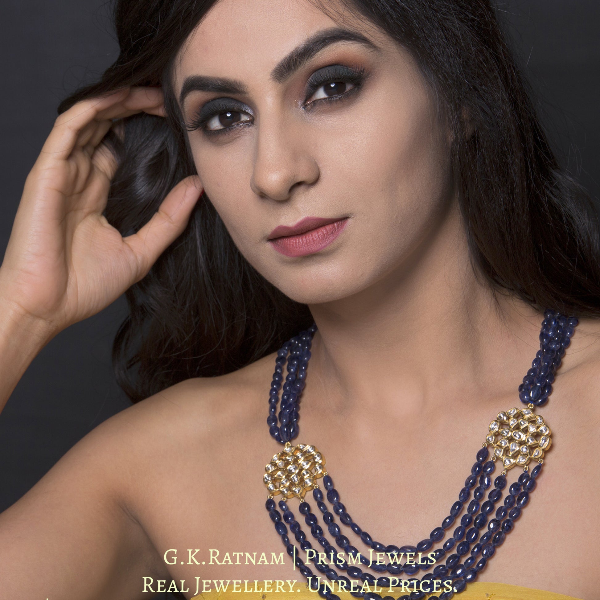 Traditional Gold and Diamond Polki Broach Necklace with Blue Sapphires - G. K. Ratnam