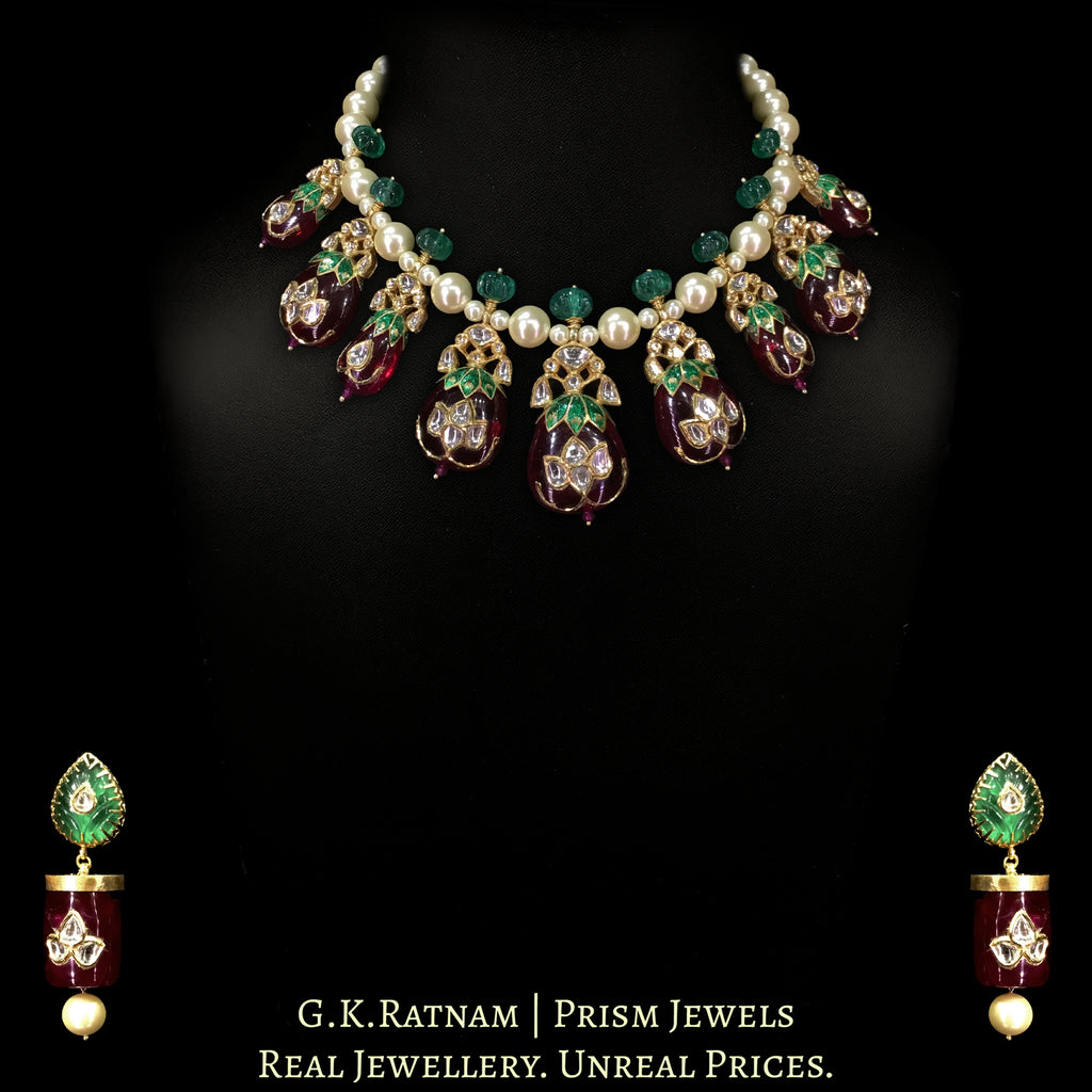 18k Gold and Diamond Polki Necklace Set with jadau work on Rubies