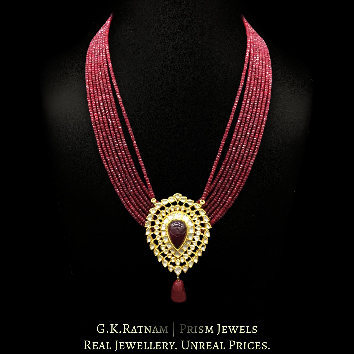 18k Gold and Diamond Polki ruby-center Pendant Set in pear (tilak) shape - G. K. Ratnam