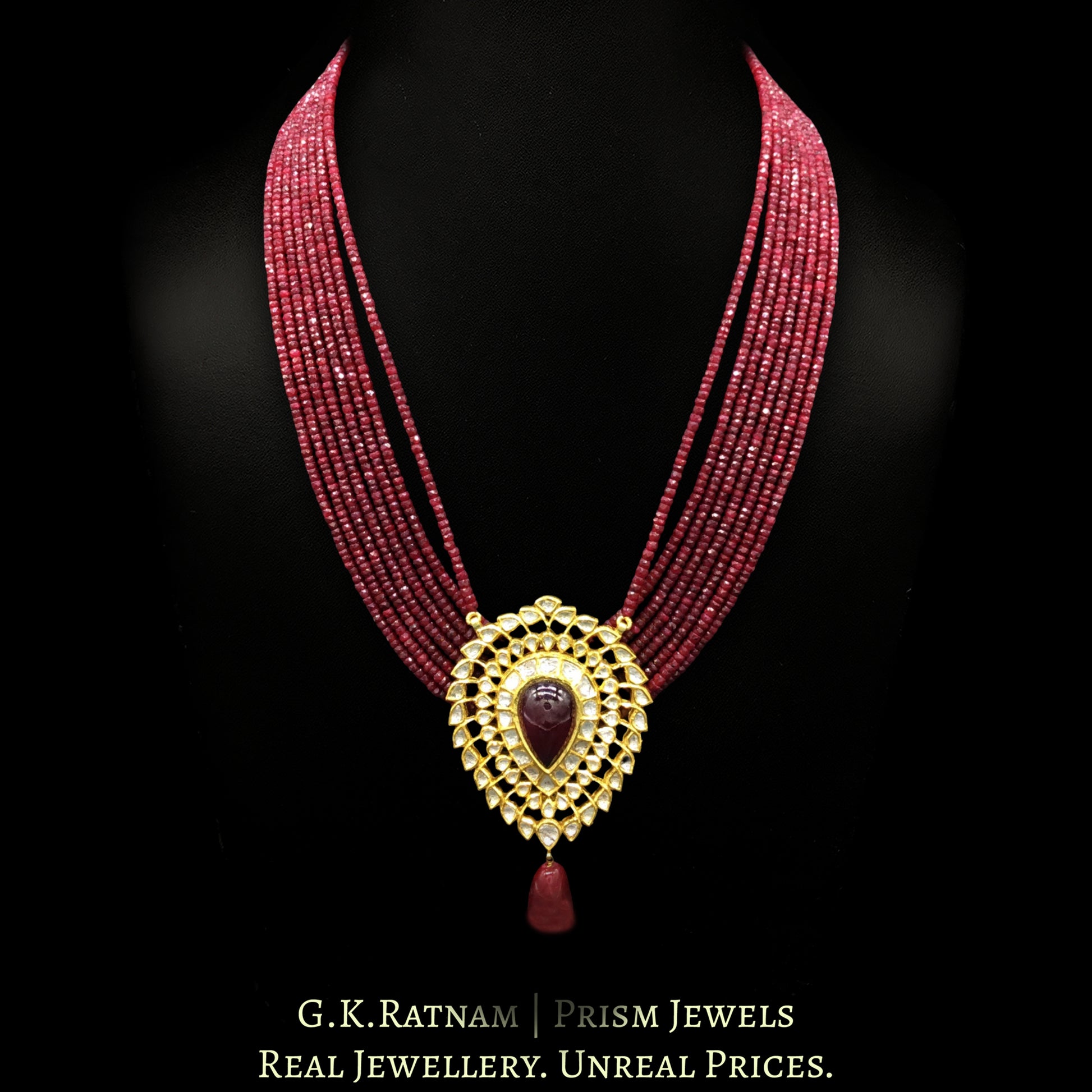 18k Gold and Diamond Polki ruby-center Pendant Set in pear (tilak) shape - G. K. Ratnam