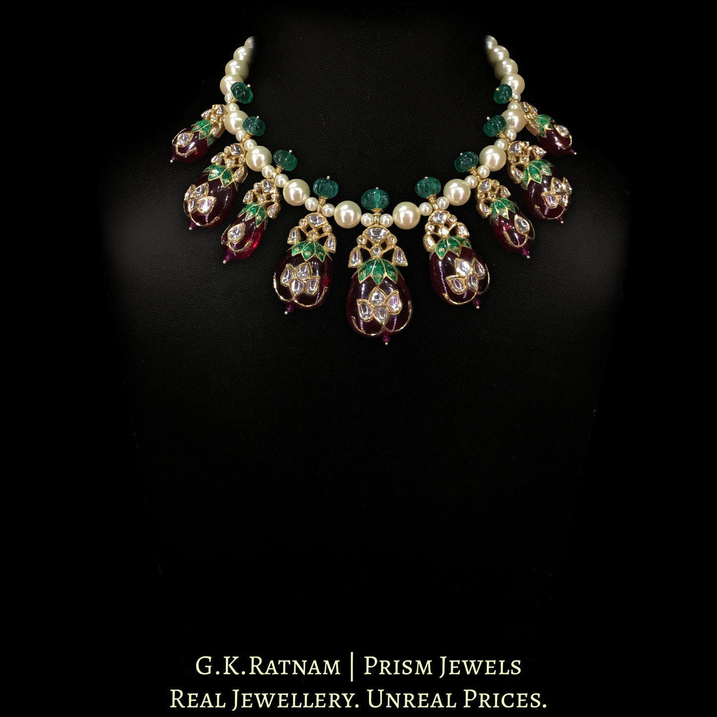 18k Gold and Diamond Polki Necklace Set with jadau work on Rubies