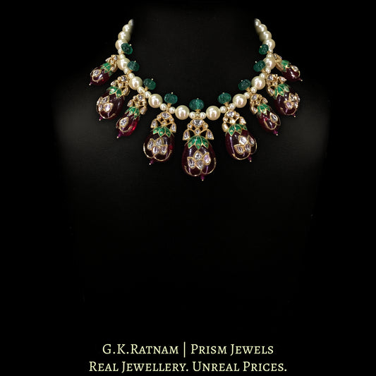 18k Gold and Diamond Polki Necklace Set with jadau work on Rubies