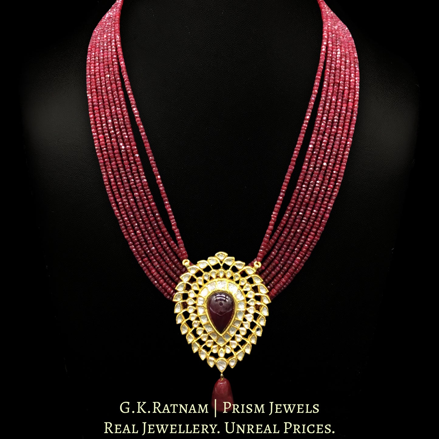 18k Gold and Diamond Polki ruby-center Pendant Set in pear (tilak) shape - G. K. Ratnam