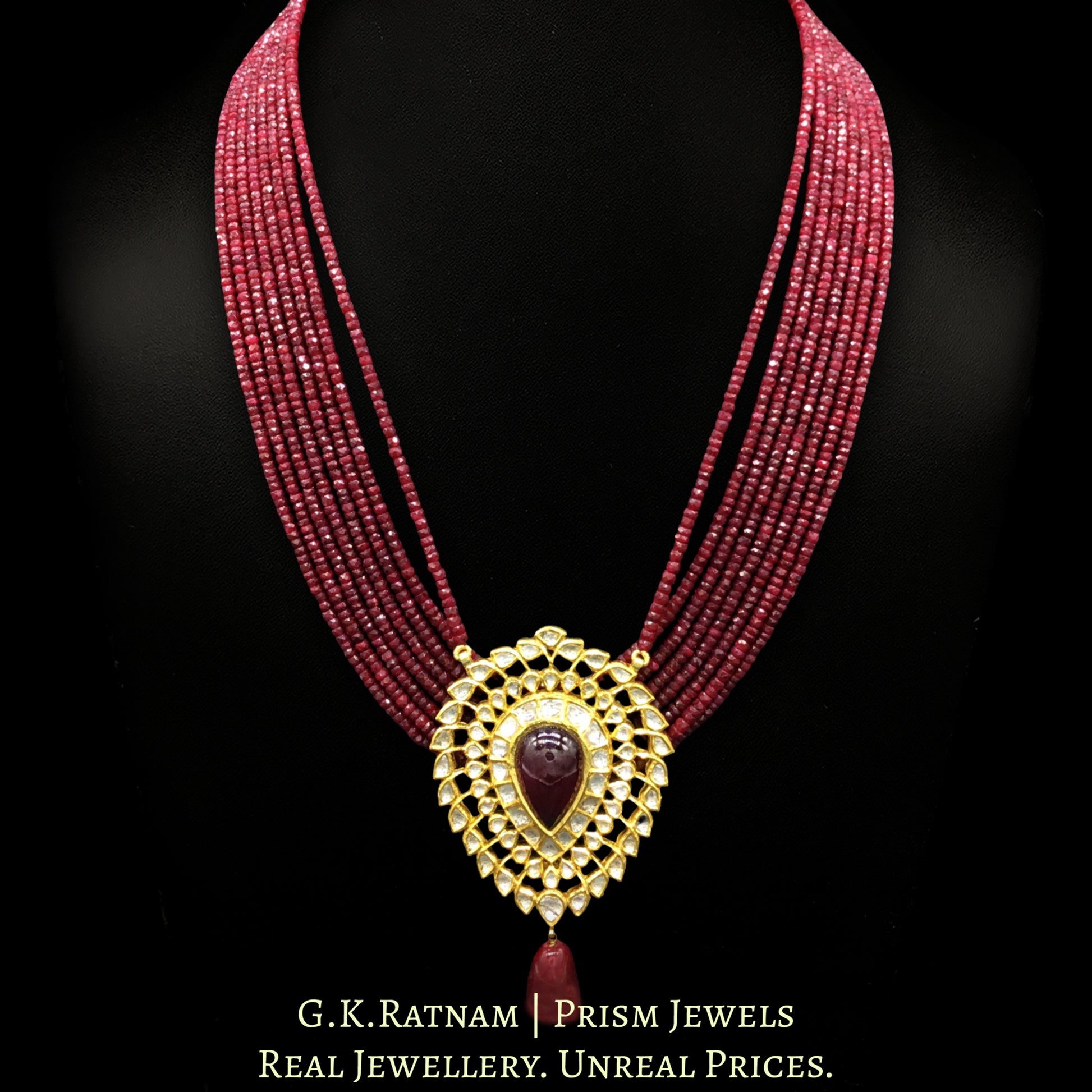 18k Gold and Diamond Polki ruby-center Pendant Set in pear (tilak) shape - G. K. Ratnam