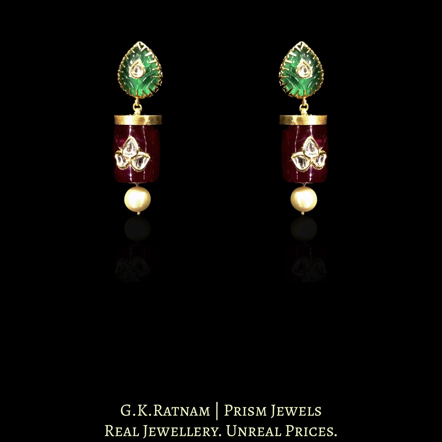 18k Gold and Diamond Polki Necklace Set with jadau work on Rubies