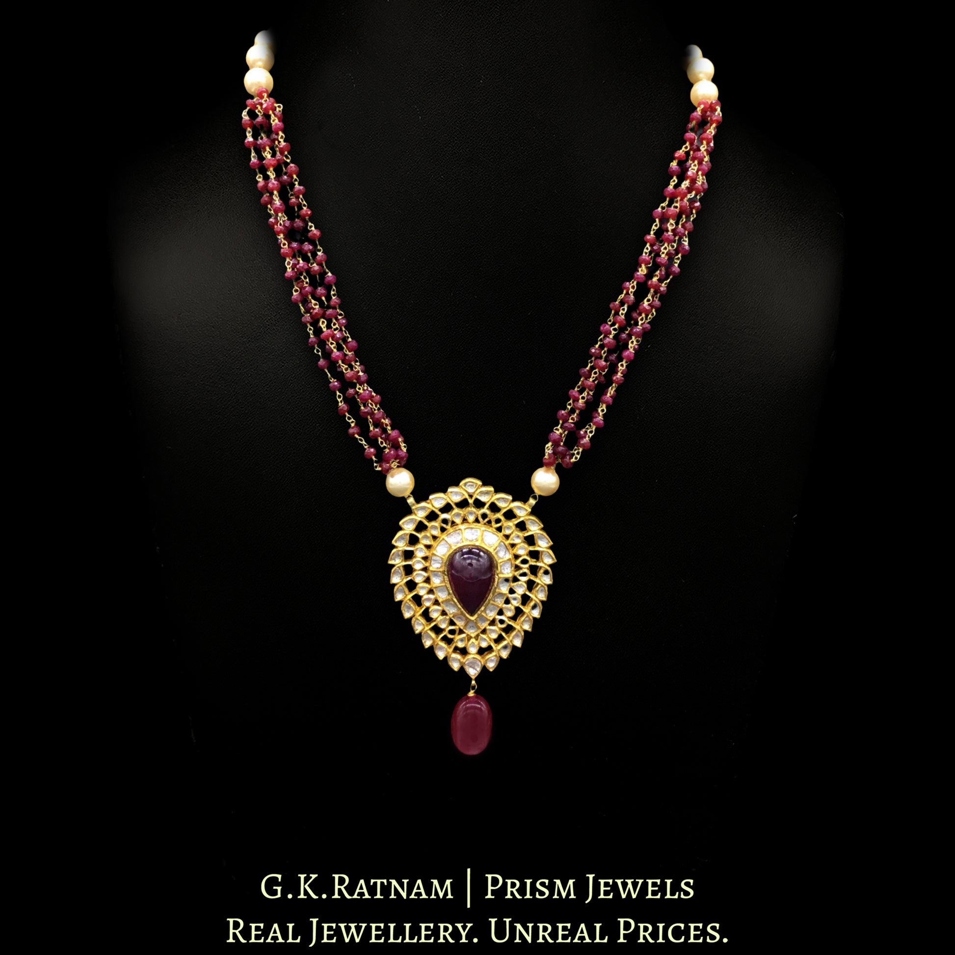 18k Gold and Diamond Polki ruby-center Pendant Set in pear (tilak) shape - G. K. Ratnam