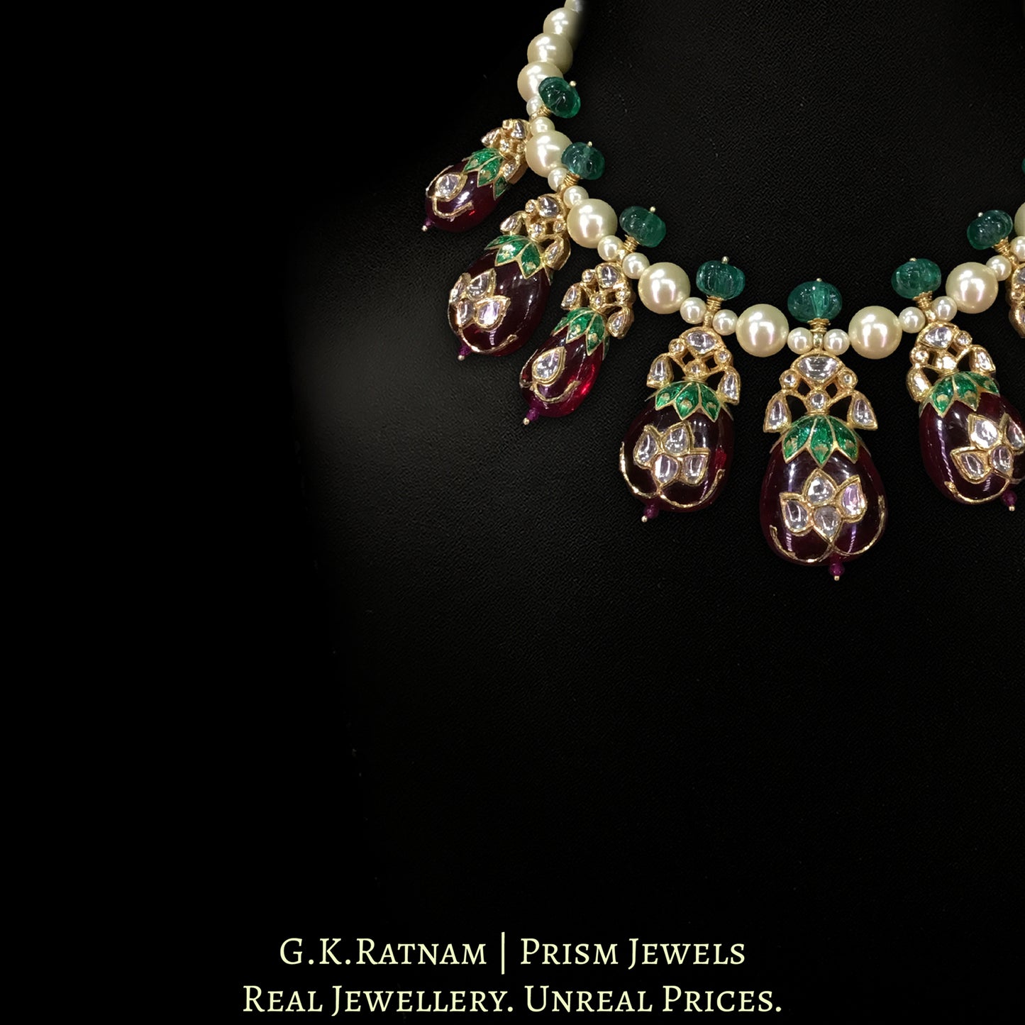 18k Gold and Diamond Polki Necklace Set with jadau work on Rubies