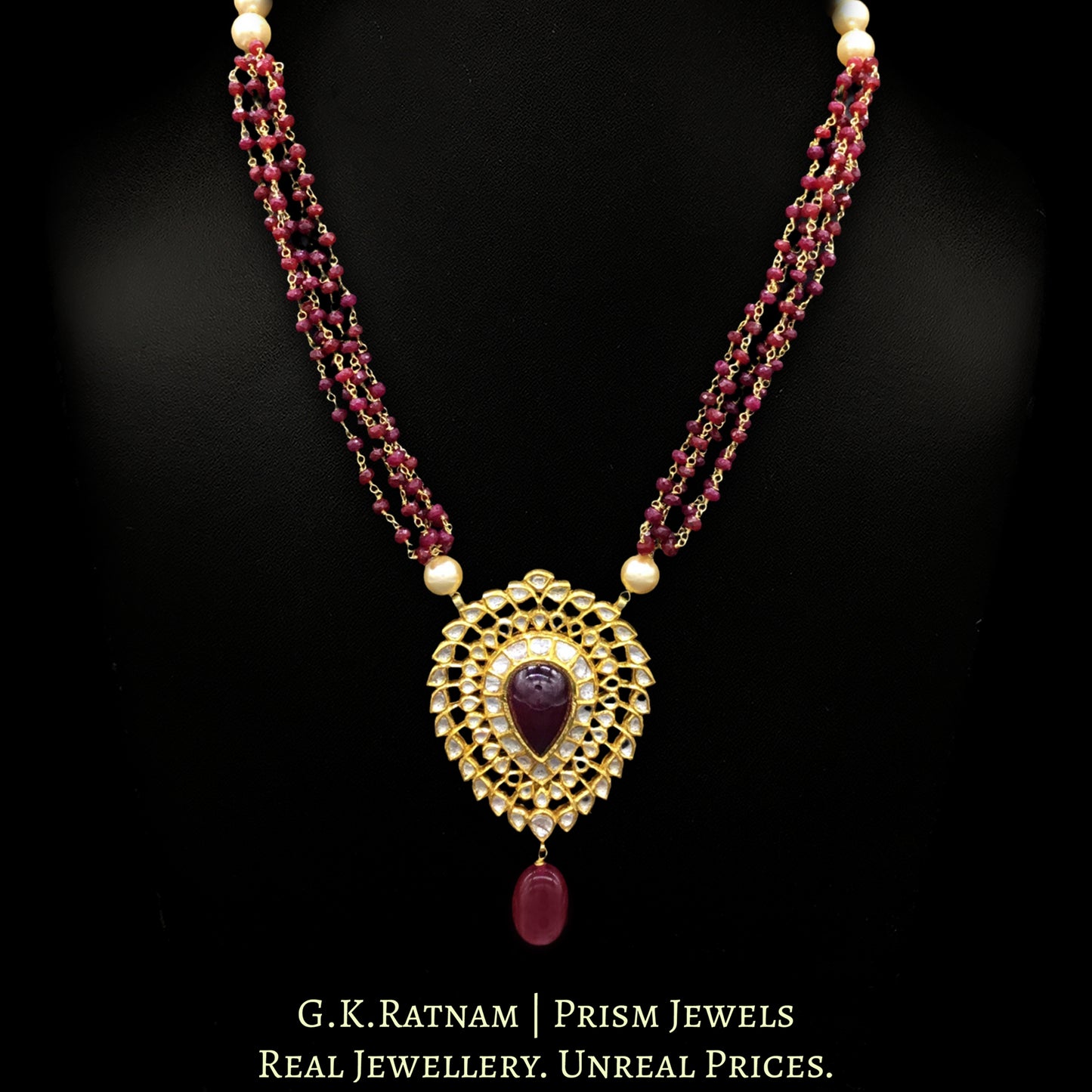 18k Gold and Diamond Polki ruby-center Pendant Set in pear (tilak) shape - G. K. Ratnam