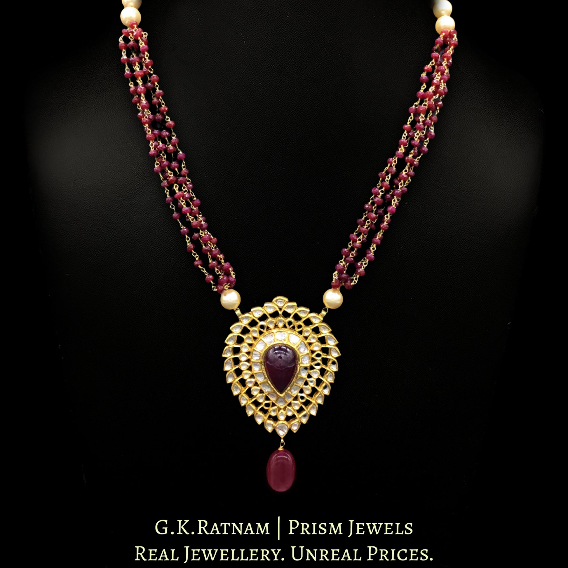 18k Gold and Diamond Polki ruby-center Pendant Set in pear (tilak) shape - G. K. Ratnam