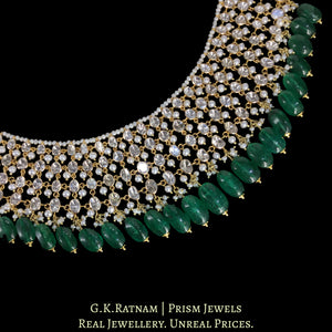 18k Gold and Diamond Polki Open Setting Choker Necklace enhanced with Natural Freshwater Pearls and Green Beryls