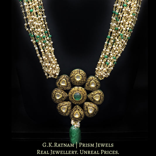 23k Gold and Diamond Polki Antique Floral Pendant with Antiqued Freshwater Pearl Chains
