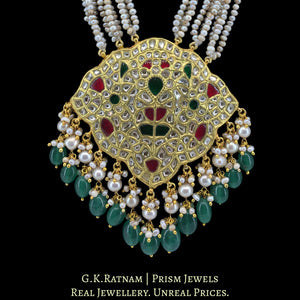 23k Gold and Diamond Polki south-style Pendant with Patrihaar / Ranihaar style stringing in Antiqued Freshwater Pearls