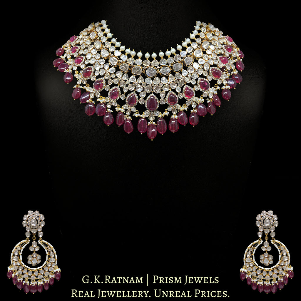 18k Gold and Diamond Polki Open Setting Necklace Set with Rubies and Natural Freshwater Pearls
