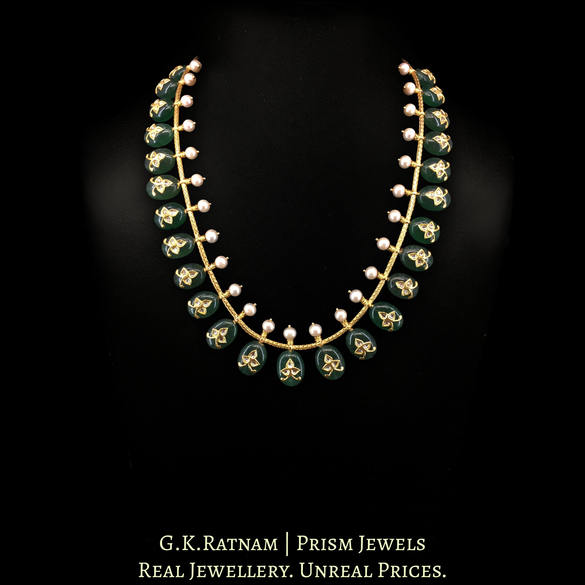 23k Gold and Diamond Polki Chain Necklace with polki-inlay on emerald-green Strawberry Quartz