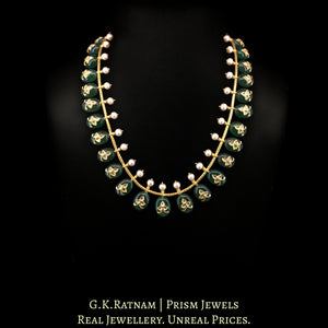 23k Gold and Diamond Polki Chain Necklace with polki-inlay on emerald-green Strawberry Quartz