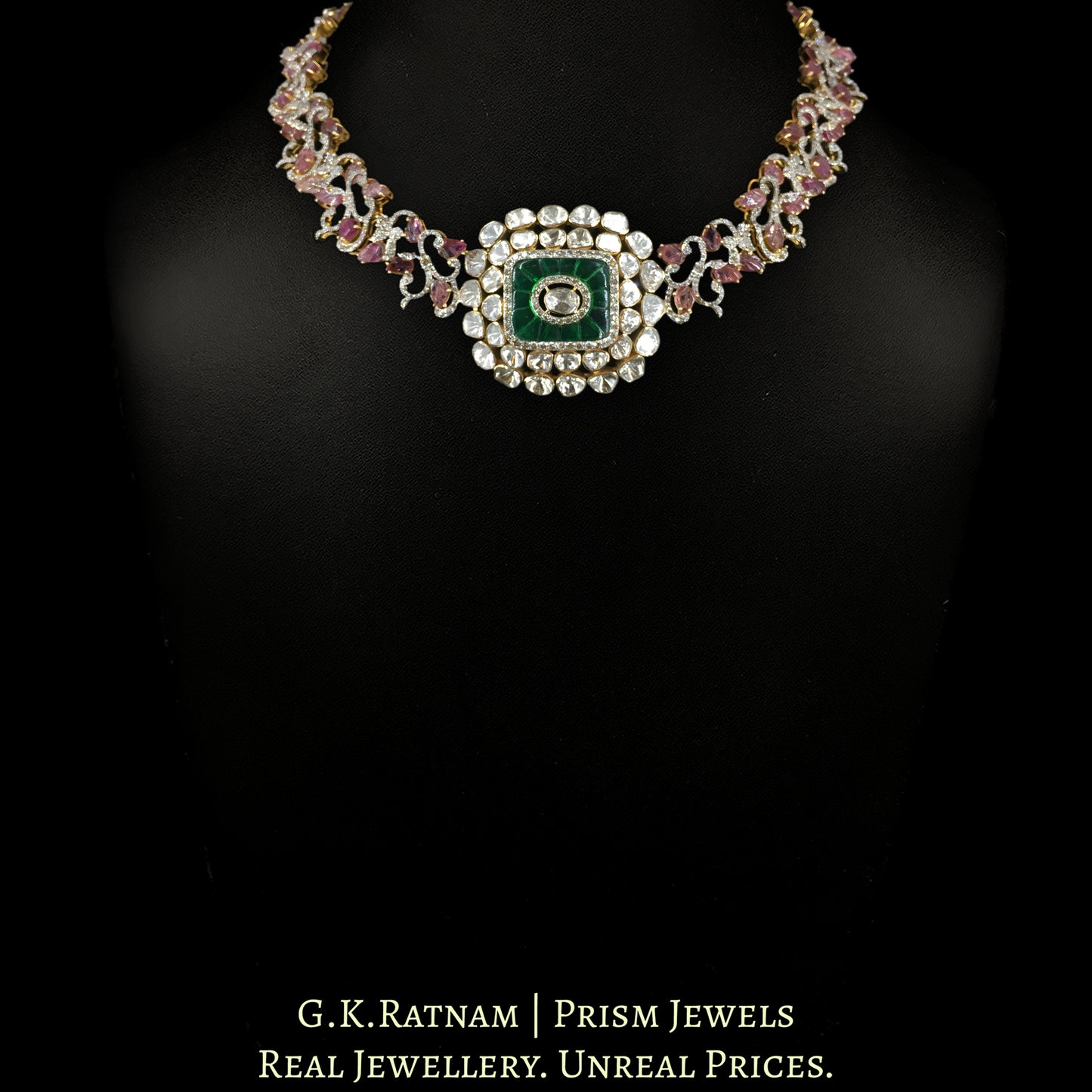 18k Gold and Diamond Polki Open Setting Necklace Set with hand-carved Tourmalines