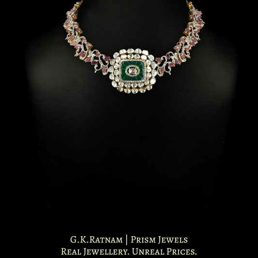 18k Gold and Diamond Polki Open Setting Necklace Set with hand-carved Tourmalines