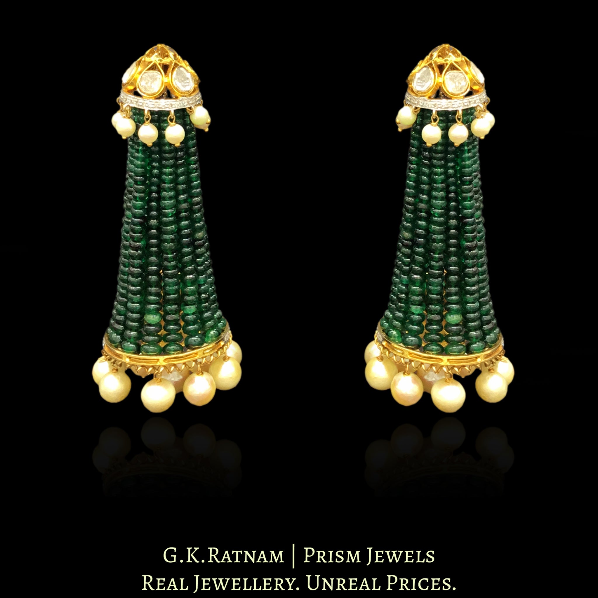 14k Gold and Diamond Polki Open Setting Long Jhumki Earring Pair With Emerald-Grade Green Beryls