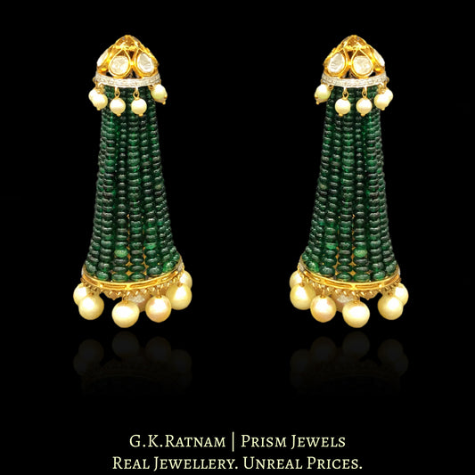 14k Gold and Diamond Polki Open Setting Long Jhumki Earring Pair With Emerald-Grade Green Beryls - G. K. Ratnam